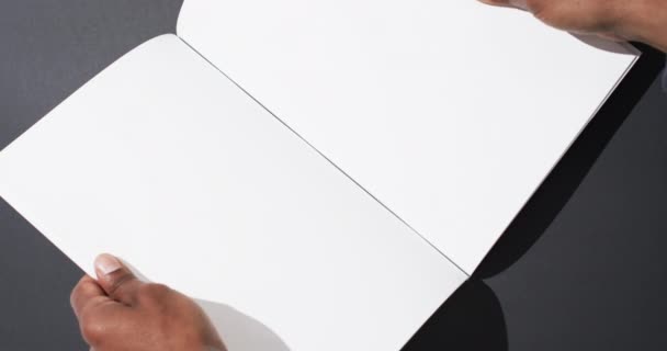 Video Hand African American Man Holding Book Blank Pages Copy — Stock Video
