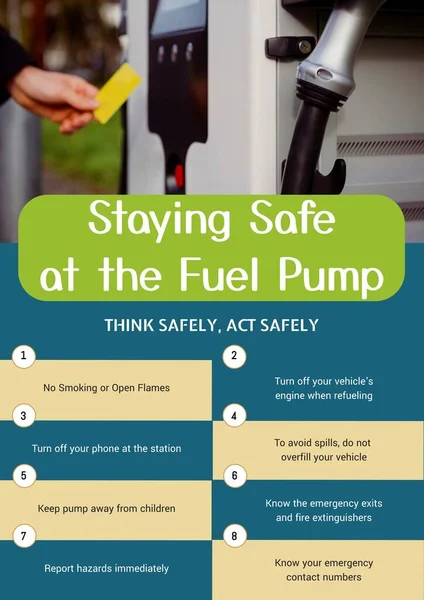 Staying Safe Fuel Pump Act Safely Text Asian Man Paying — Stock Photo, Image