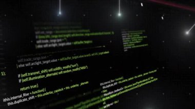 Karanlık arka planda parlayan çizgilerin üzerinde veri işleme animasyonu. Dijital olarak oluşturulmuş küresel bağlantılar, hesaplama ve veri işleme kavramı.