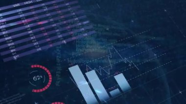 Şebeke ve karanlık arka planda finansal veri işleme animasyonu. Küresel finans, iş, bağlantılar, hesaplama ve veri işleme kavramı dijital olarak oluşturulmuş video.
