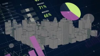 Şehir manzarası ve karanlık arka planda finansal veri işleme animasyonu. Küresel finans, iş, bağlantılar, hesaplama ve veri işleme kavramı dijital olarak oluşturulmuş video.