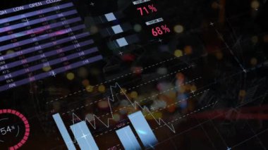 Şehir ışıkları ve karanlık arka planda finansal veri işleme animasyonu. Küresel finans, iş, bağlantılar, hesaplama ve veri işleme kavramı dijital olarak oluşturulmuş video.