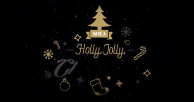 İçinde altın ağacı ve siyah arka planda süslemeler olan kutsal, neşeli bir Noel metni. Noel, kutlama, selamlar ve dijital animasyon geleneği.
