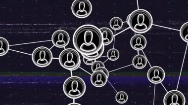 Koyu arkaplandaki simgelerle bağlantı ağı üzerinden veri işleme animasyonu. Dijital olarak oluşturulmuş küresel bağlantılar, hesaplama ve veri işleme kavramı.