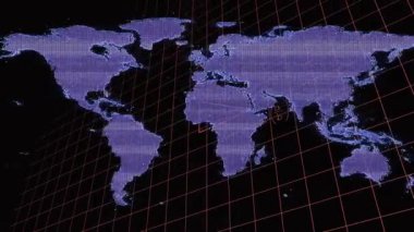 Karanlık arka planda dünya haritasında veri işleme animasyonu. Dijital olarak oluşturulmuş küresel bağlantılar, hesaplama ve veri işleme kavramı.