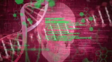 Bilimsel veri işleme ve insan kafatasının üzerindeki DNA iplikçiklerinin animasyonu. Küresel bilim, bağlantılar, hesaplama ve veri işleme kavramı dijital olarak oluşturulmuş video.