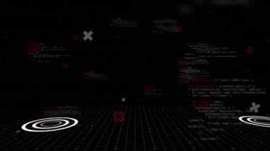 Siyah arkaplan üzerinde çember ve bilgisayar dili akış şeması animasyonu. Dijital olarak üretilen hologram, illüstrasyon, iletişim, kodlama, programlama dili ve teknoloji kavramı.