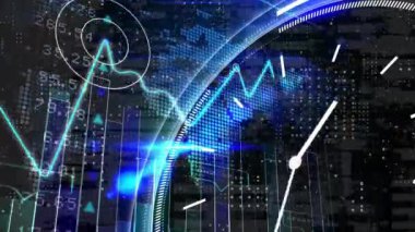 Saatin üzerindeki finansal veri işleme animasyonu, karanlık arka plandaki dünya haritası. Dijital olarak oluşturulmuş küresel bağlantılar, hesaplama ve veri işleme kavramı.