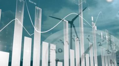 Rüzgâr türbini üzerindeki istatistiksel çizelgelerin animasyonu. Doğa, ekoloji, küresel finans, istatistik, hesaplama ve veri işleme kavramı dijital olarak oluşturulmuş video.