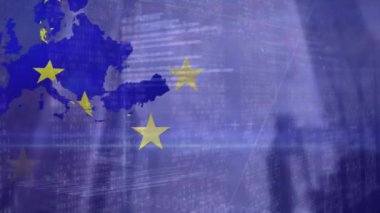 eu bayrağı üzerinde dönen dairelerin animasyonu ve yüksek binaların alçak açılı görüntüsüne karşı bir harita. Küresel ekonomi ve finans kavramı