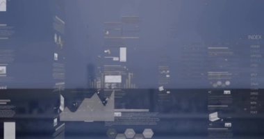 Bina üzerinde diyagramlar olan borsa ve veri işleme animasyonları. Küresel iş ve dijital arayüz kavramı, dijital olarak oluşturulmuş video.