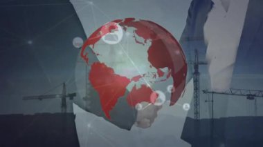 Birbirine bağlı simgelerin canlandırılması, inşaat işleri, orta kesimdeki çeşitli girişimcilerin el sıkışması. Küre, dijital bileşim, çoklu pozlama, iletişim, küreselleşme, iş ve teknoloji.