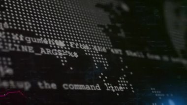 Karanlık arka planda dünya haritasında finansal veri işleme animasyonu. Dijital olarak oluşturulmuş küresel bağlantılar, hesaplama ve veri işleme kavramı.