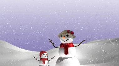 Kış manzarasında kardan adamların üzerine yağan kar animasyonu. Kış, Noel, kutlama, geleneksel konsept dijital olarak oluşturulmuş video.