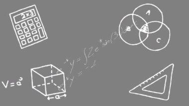Hesap makinesi, küp, ölçek, matematiksel denklemler ve diyagramların gri arkaplan üzerindeki animasyonu. Dijital olarak üretilmiş, hologram, illüstrasyon, çözüm, ölçüm ve eğitim kavramı.