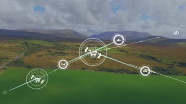 Hava manzarası ve bulutlu gökyüzüne karşı dağların üzerindeki bağlı ikonların animasyonu. Dijital bileşik, çoklu pozlama, iş, iletişim, doğa ve teknoloji kavramı.