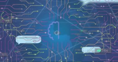 Devre kartlarında hareket eden noktalar üzerinden beyindeki mesaj kutusu ve ai metninin animasyonu. Dijital olarak üretilmiş, hologram, illüstrasyon, bildirim, yapay zeka ve teknoloji konsepti.