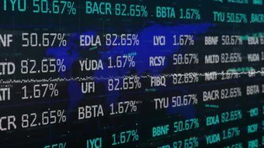 Karanlık arka planda dünya haritasında finansal veri işleme animasyonu. Dijital olarak oluşturulmuş küresel bağlantılar, hesaplama ve veri işleme kavramı.