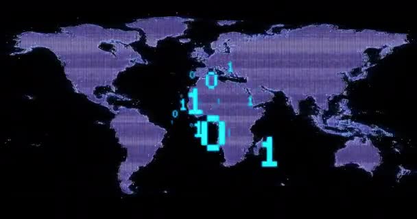 Dünya Haritası Üzerinde Ikili Kodlama Veri Işleme Animasyonu Küresel Finans — Stok video