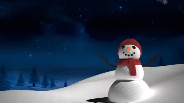 Анимация Снегопада Над Снеговиком Зимних Пейзажах Зима Рождество Праздник Концепция — стоковое видео