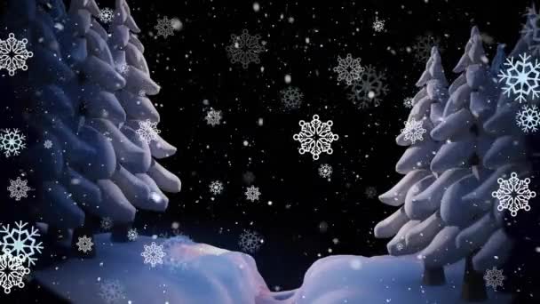 Animation Fallender Schneeflocken Über Mit Schnee Bedeckte Weihnachtsbäume Auf Schwarzem — Stockvideo