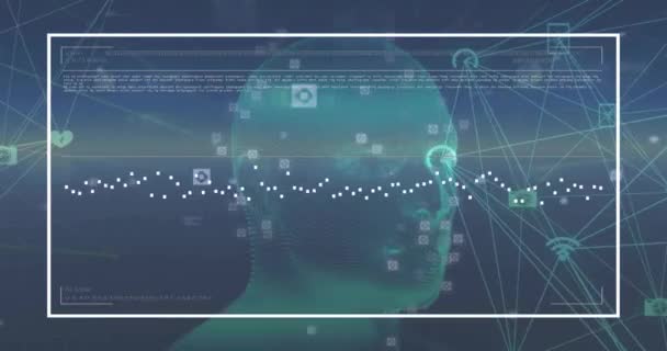 ダークバックグラウンドで人間の頭上を処理するデータのアニメーション グローバルサイエンス コネクション コンピューティング データ処理コンセプトデジタル生成ビデオ — ストック動画