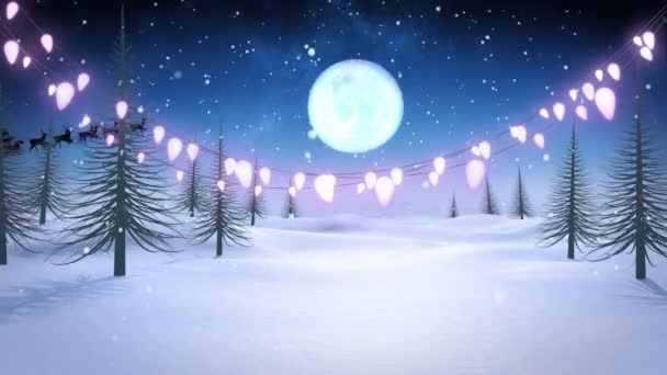 Animación Luces Caída Nieve Árboles Tierra Cubierta Nieve Trineo Caballo — Vídeos de Stock