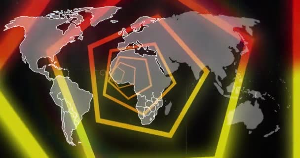 Анимация Карты Мира Над Неоновыми Фигурами Черном Фоне Мировые Технологии — стоковое видео