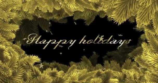 Animación Texto Felices Fiestas Con Plumas Estrellas Sobre Fondo Negro — Vídeos de Stock