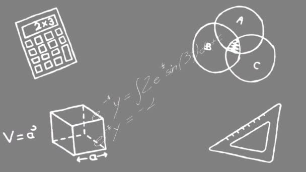 灰色背景下的计算器 立方体 数学方程和图表的动画 数字生成的全息图 解决方案 测量和教育概念 — 图库视频影像