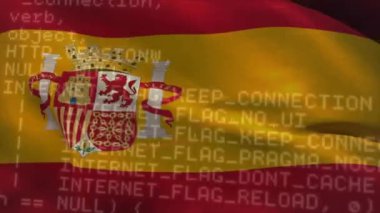Veri işleme üzerine İspanyol bayrağı animasyonu. İspanya, küresel ekonomi, ağ, veri, dijital arayüz, iş ve iletişim, dijital olarak oluşturulmuş video.