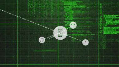Soyut arkaplan üzerinde bağlı simgelerin, şebeke kalıplarının ve bilgisayar dilinin animasyonu. Dijital olarak üretilmiş, hologram, illüstrasyon, iletişim, kodlama, programlama dili ve teknoloji.