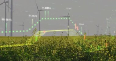 Rüzgâr türbinleriyle alanın üzerinde şema ve veri işleme animasyonları. Küresel iş, doğa ve dijital arayüz kavramı, dijital olarak oluşturulmuş video.