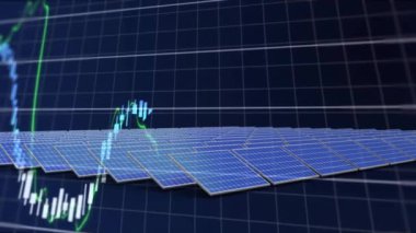 Güneş panelleri üzerinden finansal veri işleme animasyonu. Küresel güneş enerjisi, finans, iş, bağlantılar, hesaplama ve veri işleme kavramı dijital olarak oluşturulmuş video.