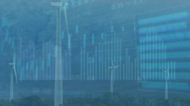 Çoklu grafikler, daireler yüklemeler, ticaret tahtaları, dağlara karşı dönen yel değirmenleri. Dijital bileşik, çoklu pozlama, rapor, iş, büyüme, borsa ve sürdürülebilir enerji.