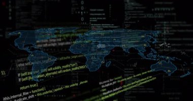 Bilgisayar dili animasyonu, ikili kodlar ve siyah arkaplan üzerindeki harita. Dijital olarak üretilmiş, hologram, illüstrasyon, küresel, kodlama, programlama dili ve teknoloji kavramı.