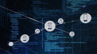 Siyah arkaplan üzerinde bağlı simgelerin ve bilgisayar dilinin animasyonu. Dijital olarak üretilen hologram, illüstrasyon, iletişim, kodlama, programlama dili ve teknoloji kavramı.