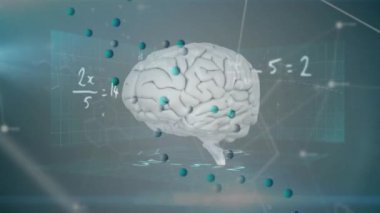 DNA ipliği, insan beyni ve veri işleme animasyonu. Küresel bilim, ağlar, hesaplama, veri işleme ve bağlantılar konsepti dijital olarak oluşturulmuş video.