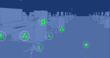 Dijital çalışma alanı üzerinde sürdürülebilir enerji simgelerinin canlandırılması. Dijital olarak üretilmiş, hologram, illüstrasyon, yenilenebilir, geri dönüşüm, masa, bilgisayar, plan ve yeşil teknoloji kavramı.