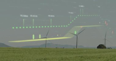 Rüzgâr türbinleriyle alanın üzerinde şema ve veri işleme animasyonları. Küresel iş, doğa ve dijital arayüz kavramı, dijital olarak oluşturulmuş video.
