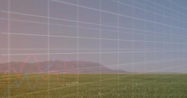 Alan üzerinde şema ve veri işleme animasyonları. Küresel iş, doğa ve dijital arayüz kavramı, dijital olarak oluşturulmuş video.