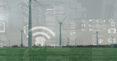 Sahadaki rüzgar türbinlerinin üzerindeki veri işleme ve diyagramlarının animasyonu. Küresel iş ve ekoloji kavramı, dijital olarak üretilen video.