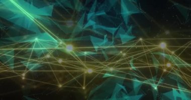 Siyah zemin üzerinde geometrik şekiller oluşturan aydınlatılmış noktaların animasyonu. Dijital olarak üretilmiş, hologram, illüstrasyon, soyut, küresel iletişim ve bağlantı kavramı.