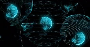 Küre animasyonları, kara arka planda veri işleme. Küresel iş, ağlar, bağlantılar, hesaplama ve veri işleme kavramı dijital olarak oluşturulmuş video.