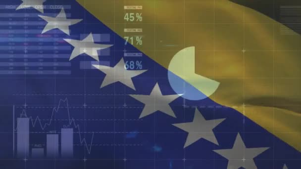 ボスニアとヘルツェゴビナの旗の上に処理する金融データのアニメーション グローバルビジネス コンピューティング データ処理 接続コンセプトデジタル生成ビデオ — ストック動画