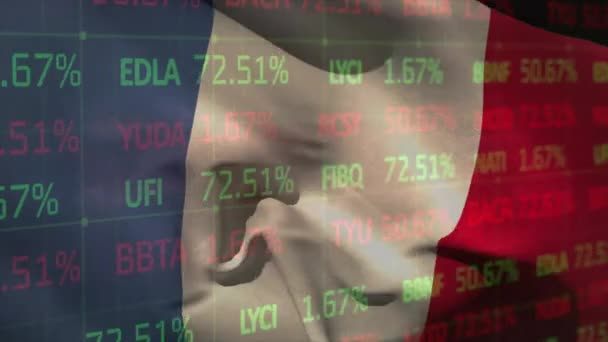 金融データ処理に関するフランス国旗のアニメーション フランス グローバル経済 ネットワーク データ デジタルインターフェース ビジネスとコミュニケーション デジタル生成されたビデオ — ストック動画