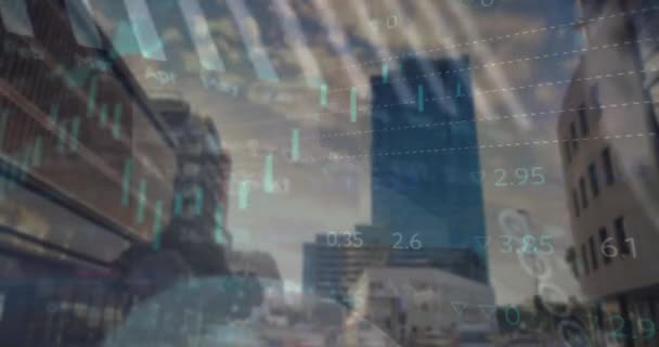 Animação Processamento Dados Financeiros Longo Paisagem Urbana Conceito Global Negócios — Vídeo de Stock