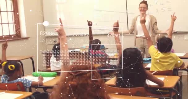 Animace Grafů Propojených Teček Nakládacích Tyčí Různí Studenti Zvedají Ruce — Stock video