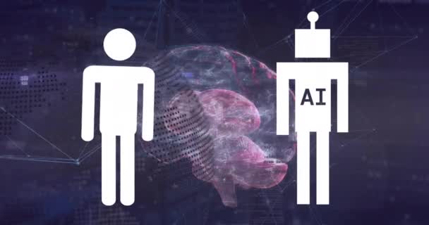 机器人中的人类表示和艾文动画 大脑中的语音泡沫中的二进制代码 数字生成的全息图 人工智能 机器学习和技术概念 — 图库视频影像