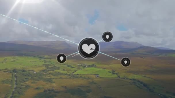 Animation Connected Icons Aerial View Green Landscape Mountains Cloudy Sky — Stock Video
